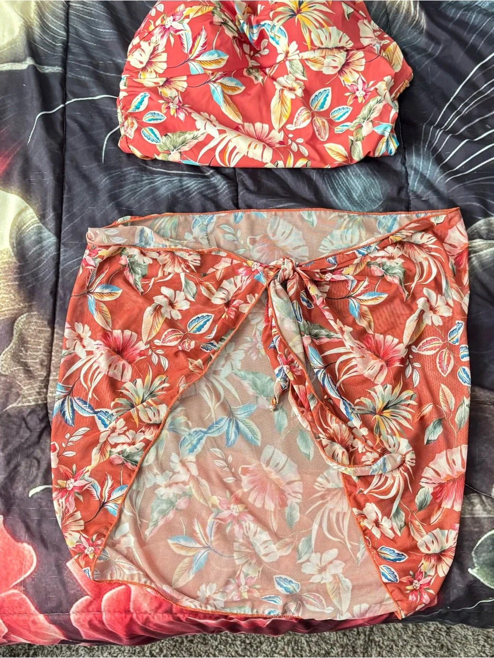 Catherine Malandrino Coral Floral One-Piece Swim Dress with Wrap Skirt